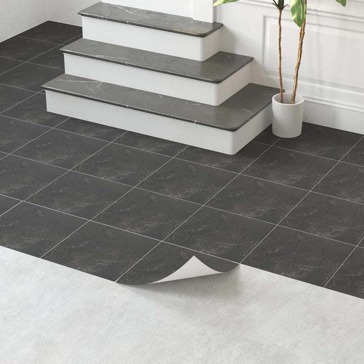 PVC Bodenbelag Selbstklebende Fliesen Schwarz Marmor 30x30 cm, Fliesenoptik Vinylboden Bodenfliesen