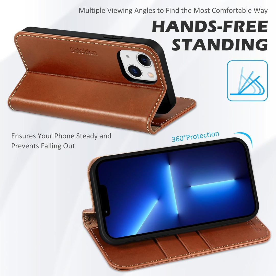 SHIELDON Hülle für iPhone 13 Handyhülle 5G [Echtleder] [Kartenfach] [Magnet] [Standfunktion] [RFID-S