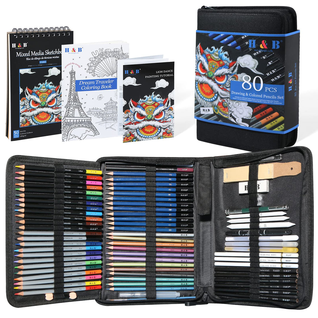 H & B 80 Stück Zeichenstifte Set, Skizzierstifte Set, Professionelle Zeichenset mit Malbuch,3 Farben