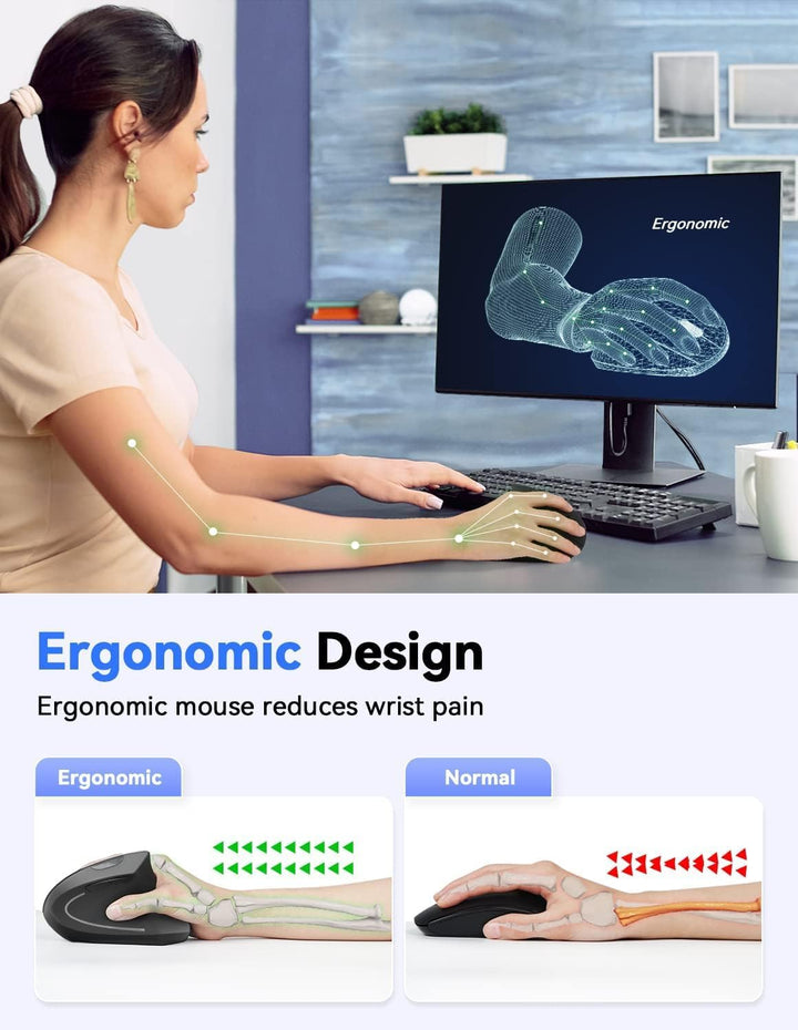 TECKNET Wireless Vertikale Ergonomische Maus 4800 DPI Schwarz, 4800 DPI Schwarz