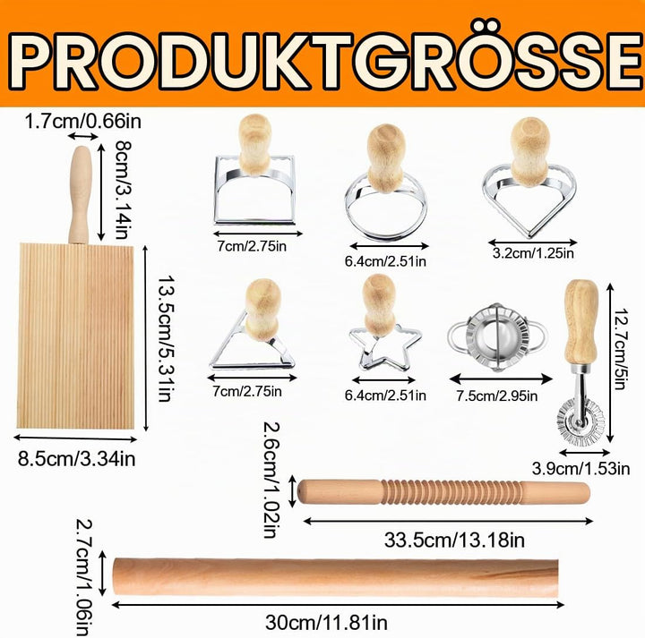 10 Stück Nudelherstellungs Set, Mit Ravioli-Stempel &amp; Gnocchi-Brett | Inkl. Nudelholz, Teigschneider