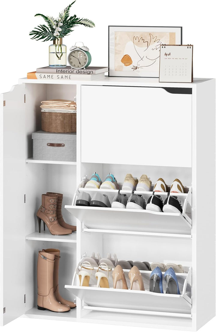 IRONCK Schuhschrank mit 3 Klappen, Schuhkipper Schmal mit Tür, Schuhregal Flur freistehend, Schuhkom