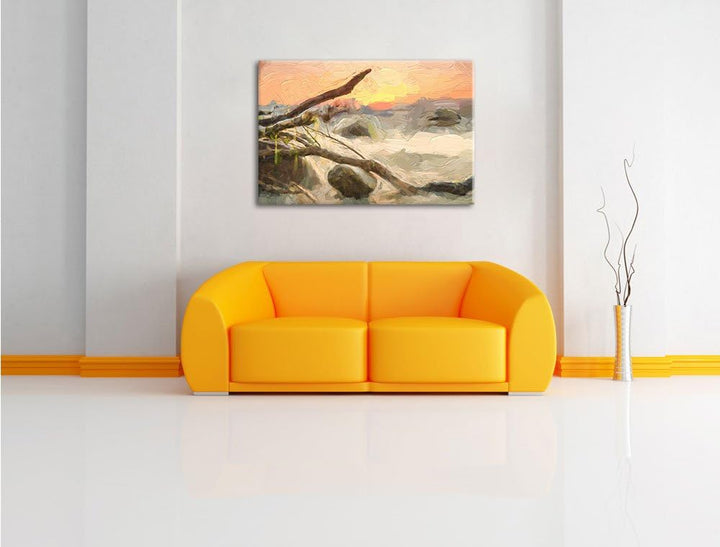 Pixxprint Ruhige See im Nebel als Leinwandbild/Grösse: 100x70 cm/Wandbild/Kunstdruck/fertig bespannt