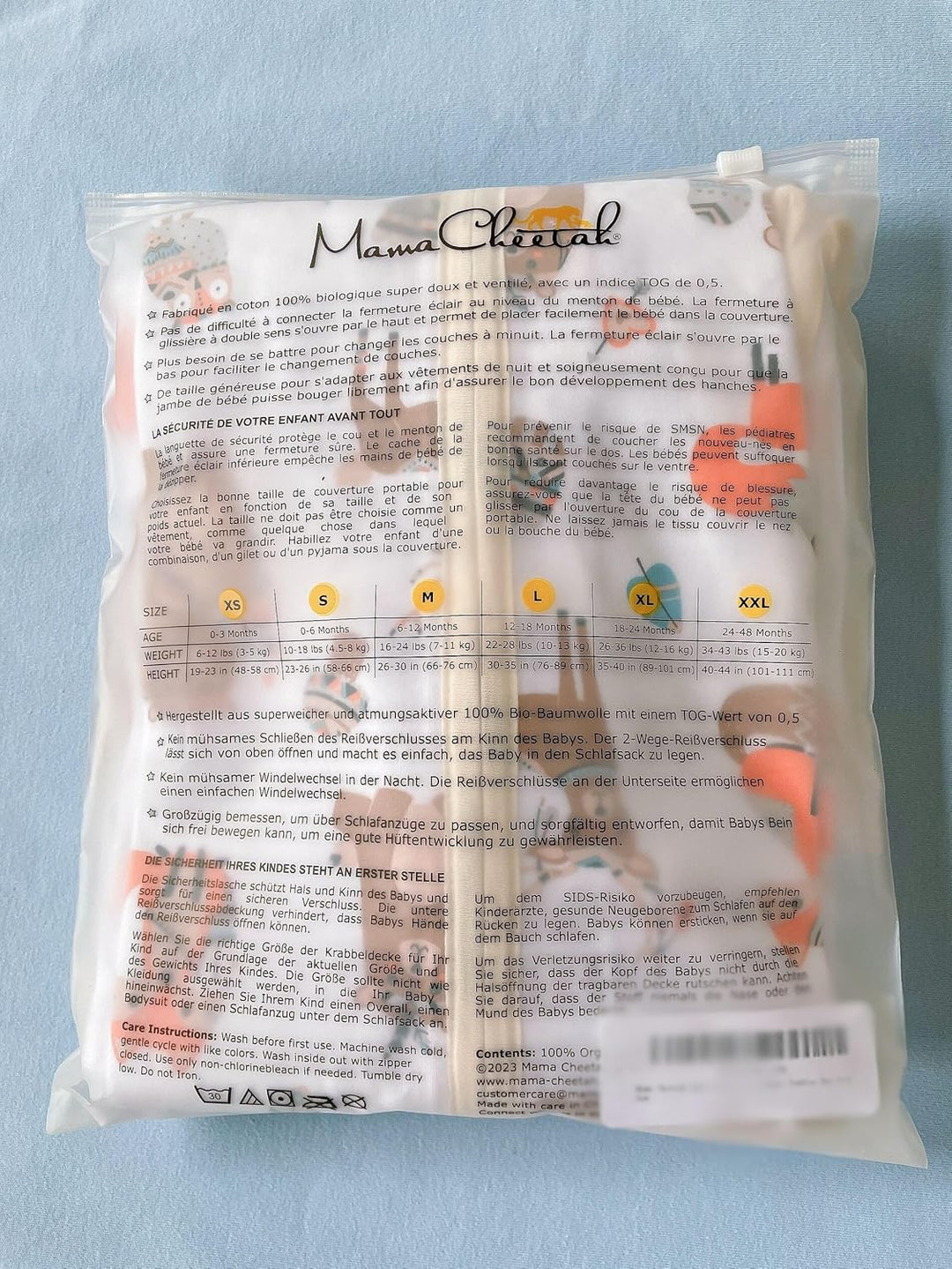 Mama Cheetah Baby Schlafsack, 0.5 TOG 100% Bio-Baumwolle, Ideal für den Sommer, Sommerschlafsack für