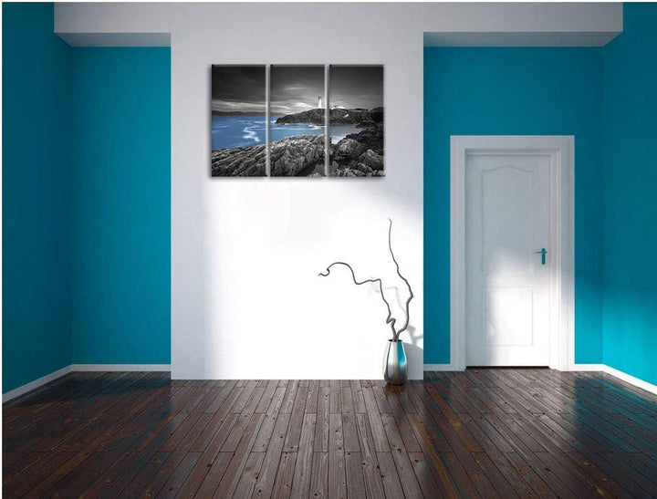 Leuchtturm an traumhaft blauem Meer schwarz/weiss 3-Teiler Leinwandbild 120x80 Bild auf Leinwand, XX
