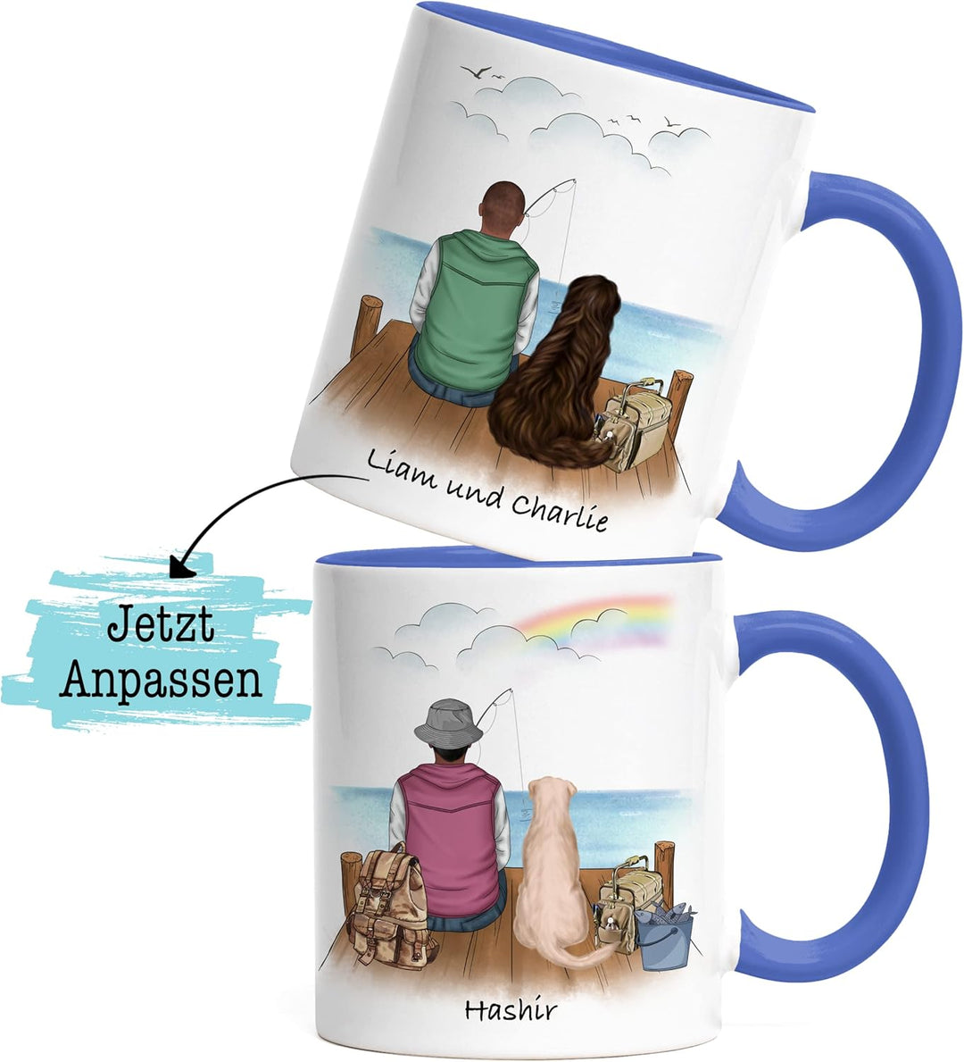Angler &amp; Hund Tasse Blau Personalisiert Individuell mit Name Angeln Fischen Geschenk Opa Vater zum V