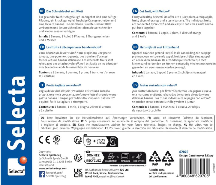 Selecta 62070 Obstsalat, Klett und Schneidespielzeug aus Holz, 11 Teile, Küchen-Spielzeugset, Mehrfa