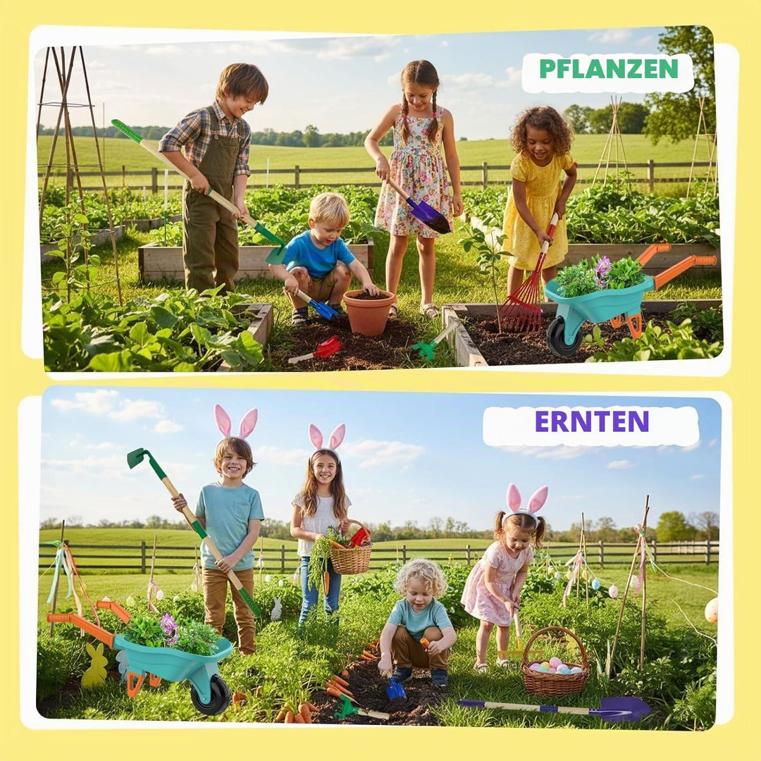 LATERN Kinder Gartenwerkzeugset, 70CM Schubkarre mit 70CM Metall Schaufel Rechen Hacke Laubrechen 20
