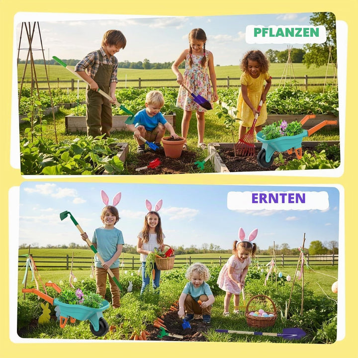 LATERN Kinder Gartenwerkzeugset, 70CM Schubkarre mit 70CM Metall Schaufel Rechen Hacke Laubrechen 20