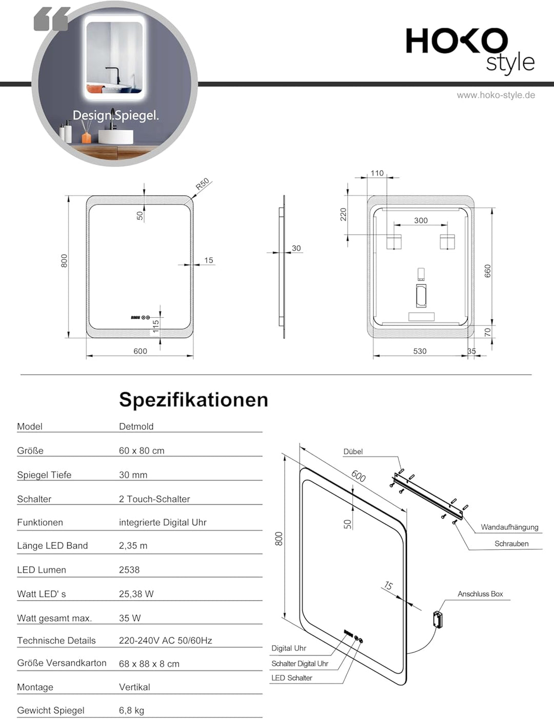 HOKO® LED Badspiegel mit digitaler Uhr, Detmold 60x80cm, Badezimmerspiegel mit Uhr, Energieklasse A+