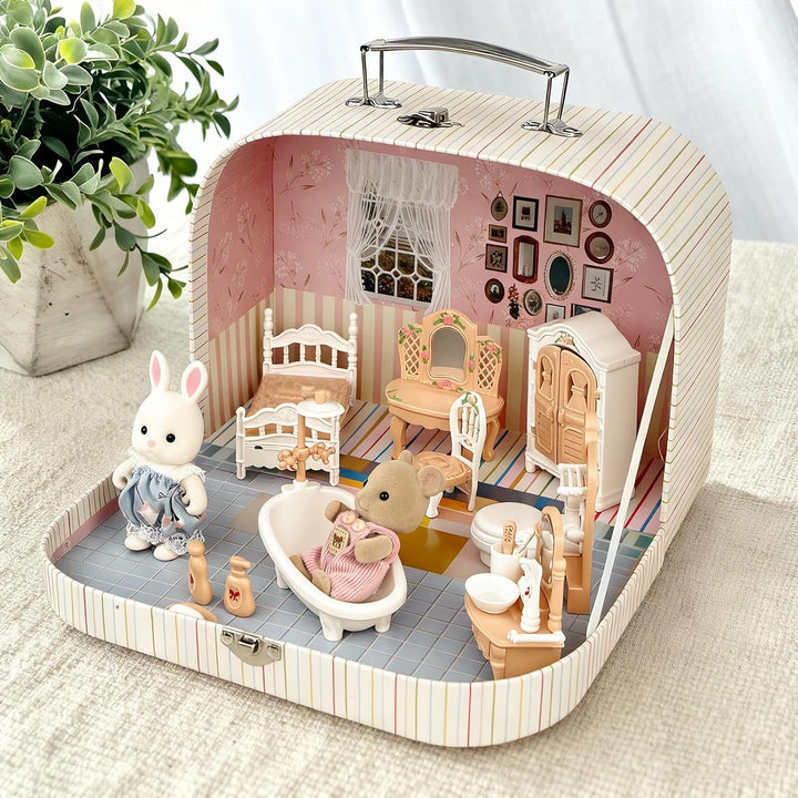 Koffer Dollhouse Puppenhaus Möbel Zubehör DIY Miniature Haus mit 2 Flexible Puppen und Schlafzimmer