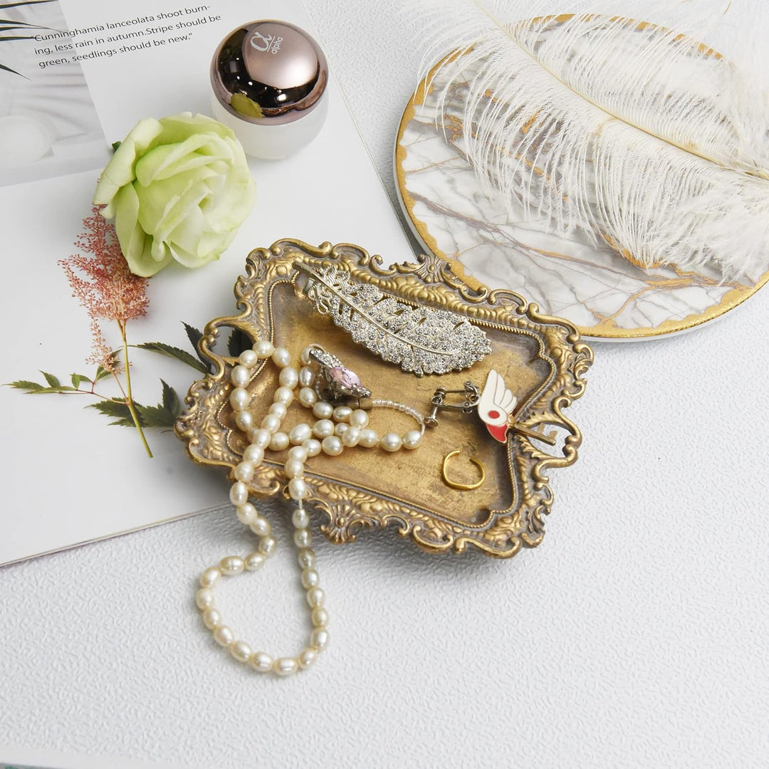 SharpCost Funly mee Small Antique Trinket Dish Vintage Gold Jewelry Tray , Ring Holder, Gold