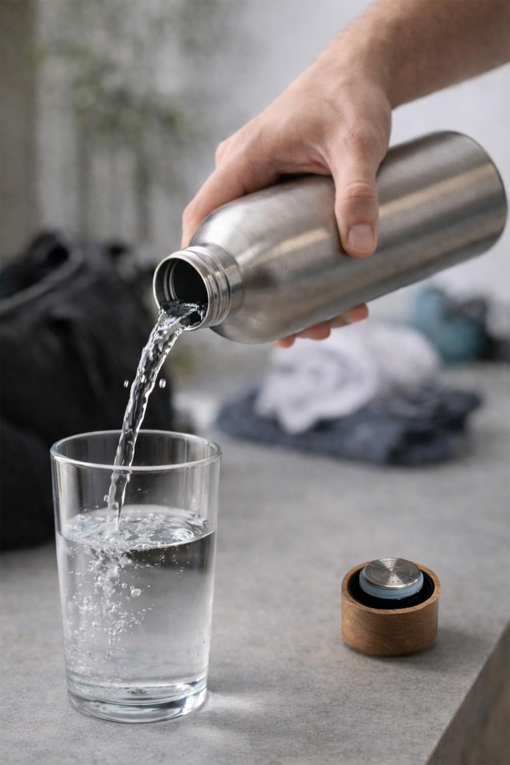 T&amp;N Edelstahl Trinkflasche 750ml, Thermosflasche 0.75l mit Akazienholz Deckel, Isolierte Wasserflasc
