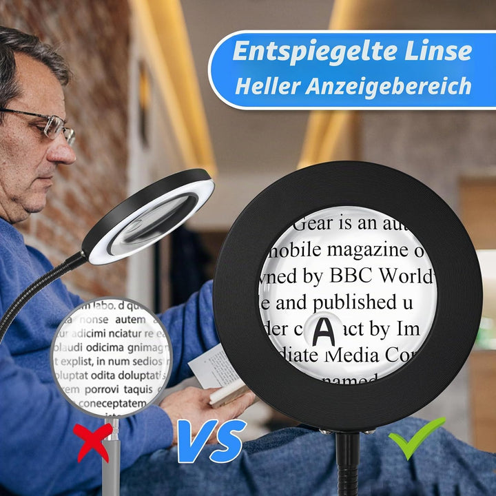 NZQXJXZ 5X 10X Lupe mit Licht und Ständer, 2-in-1 Lupenbrille mit 72 Einstellbaren Helligkeits-LEDs,