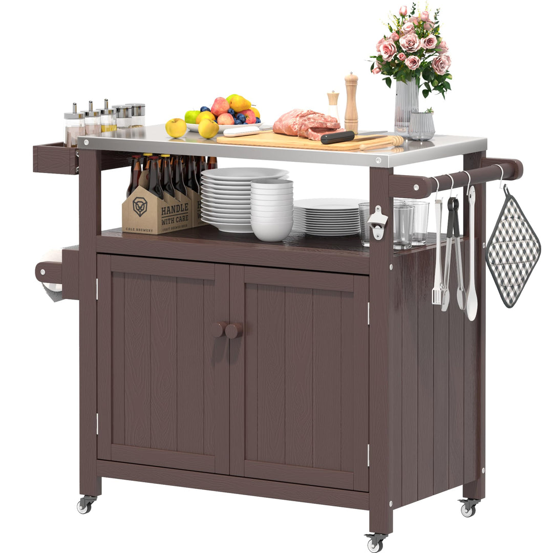 Grillwagen für den Aussenbereich mit Edelstahlplatte, wetterfester HIPS-Gartenwagen mit Aufbewahrung