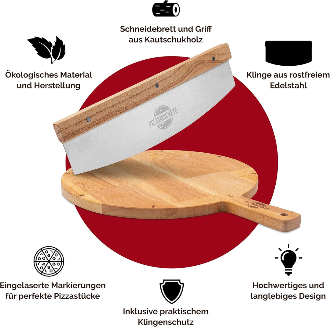 Pizzaschneider + Pizzabrett , Pizza Set bestehend aus Wiegemesser und Pizzaschneidebrett, -Zubehör m