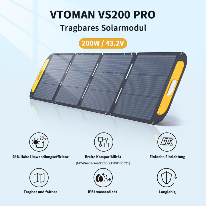 VTOMAN VS200 Pro Faltbares Solarpanel 200W, 43V/25% Effizienz, Monokristalline Tragbare Solarmodul f