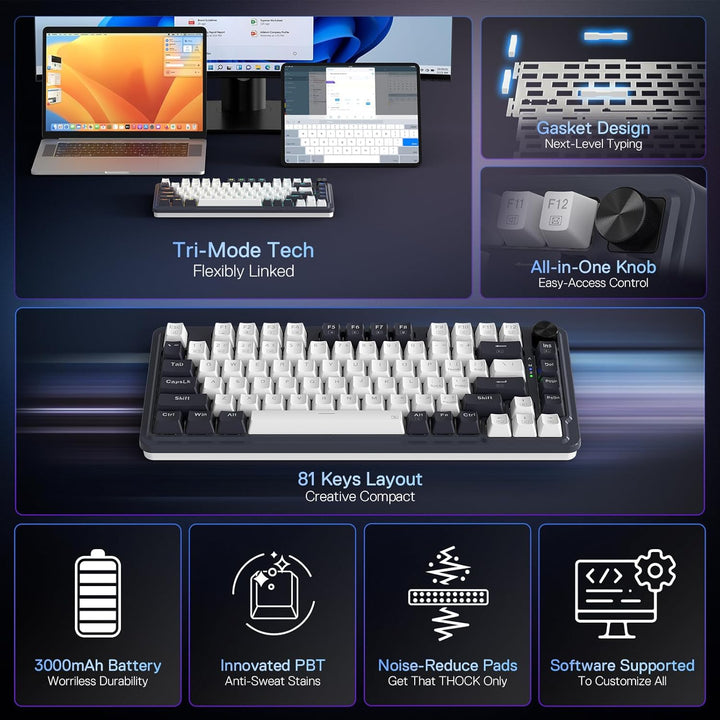 Redragon K673 PRO 75% Wireless Gasket RGB Gaming Tastatur, 3-Modus 81 Tasten Kompaktes Mechanische T