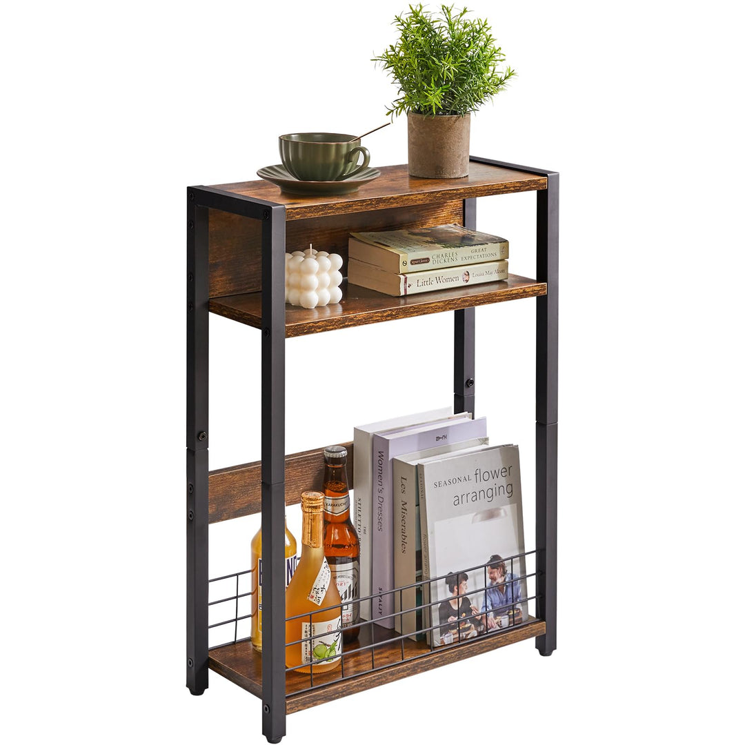 IBUYKE Kleiner Beistelltisch mit Zeitschriftenhalter,3 Etagen,Schmaler Beistelltisch mit Lagerregal,