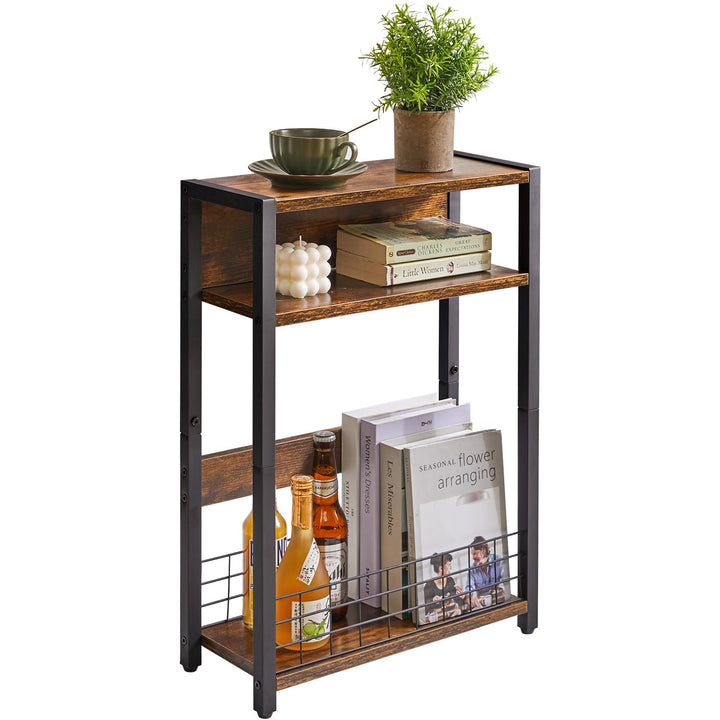 IBUYKE Kleiner Beistelltisch mit Zeitschriftenhalter,3 Etagen,Schmaler Beistelltisch mit Lagerregal,