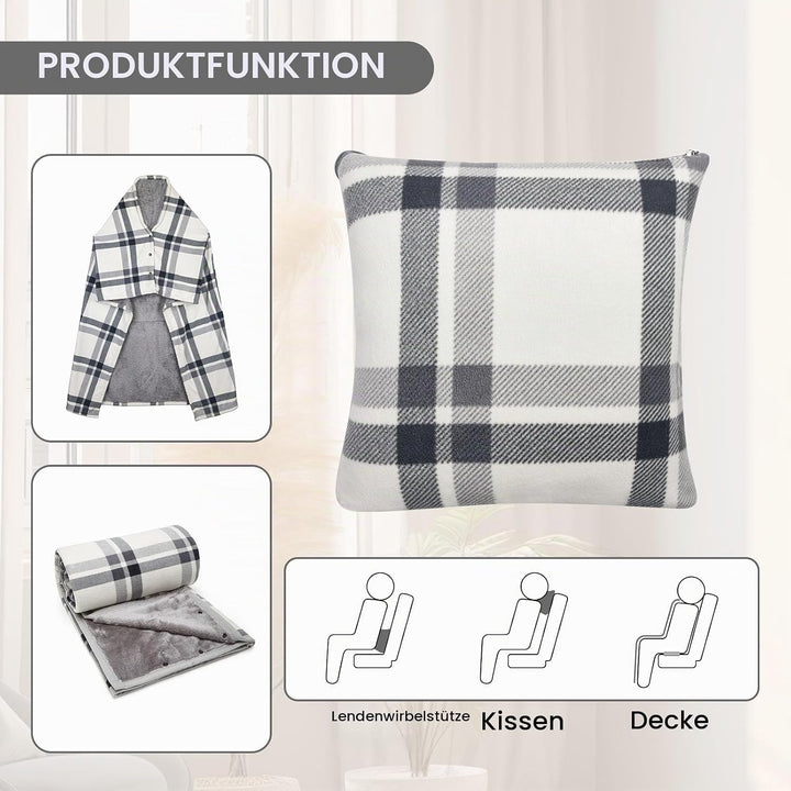 SIVENKE Tragbare Decke Kompaktes Kissen 2-in-1-Schossdecke Damen Poncho Fleece mit Knopf Karierte Ta