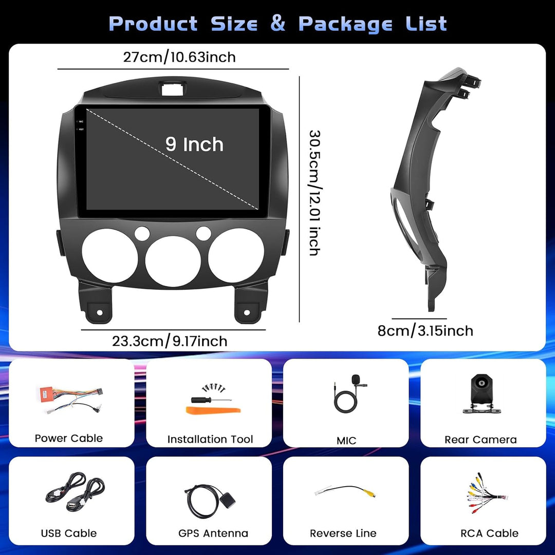 Hikity 4+128G 9" Android Autoradio für Mazda 2 2007-2014 Wireless CarPlay | Incell Touchscreen GPS N