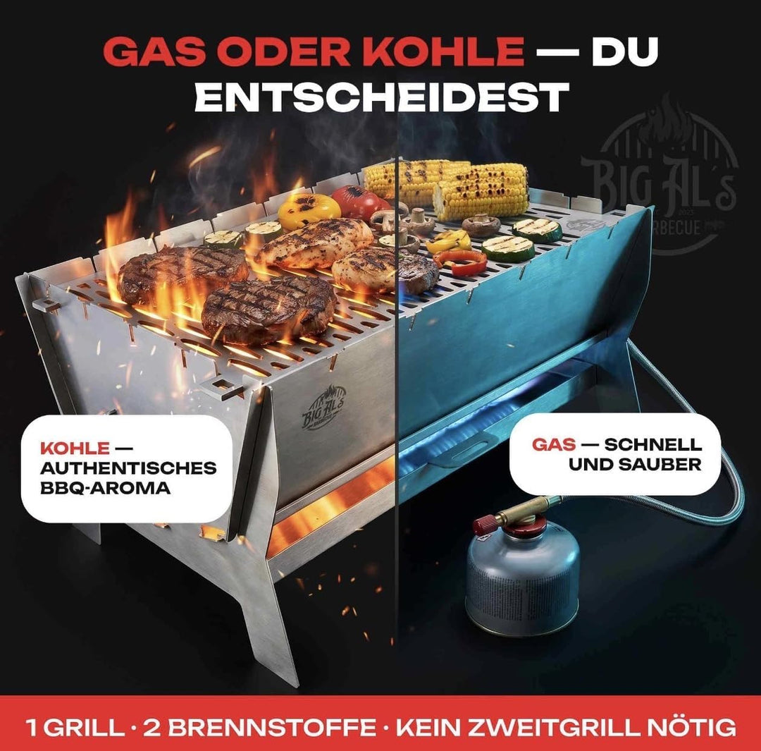 Little Bro Mobiler Steckgrill 2-in-1 Edelstahl Grill für Gas &amp; Kohle - Inkl. Tasche (Grillmatte) &amp; S
