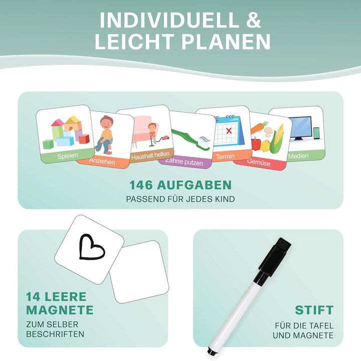 Mini Mindz® Tagesplaner Kinder - Montessori Magnettafel im niedlichen Design inkl. 160 Magnete & Sti