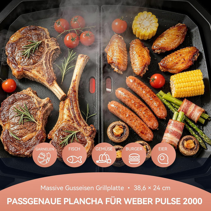 38,6 x 24,6 cm Gusseisen Grillplatte für Weber Pulse 2000, Plancha Grillplatte Ersatz für Weber Puls