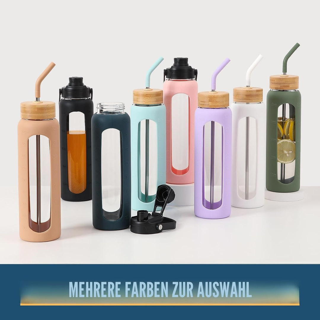 BLUEGO 900ml Glaswasserflasche mit Strohhalm und 2 Deckeln Kaffeetasse aus Glas mit Zeitmarkierung u