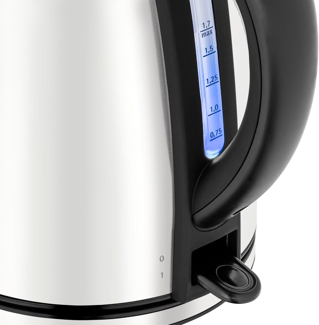 WMF Stelio Wasserkocher Edelstahl 1,7l, elektrischer Wasserkocher mit Kalkfilter, 2400 W, Wasserstan