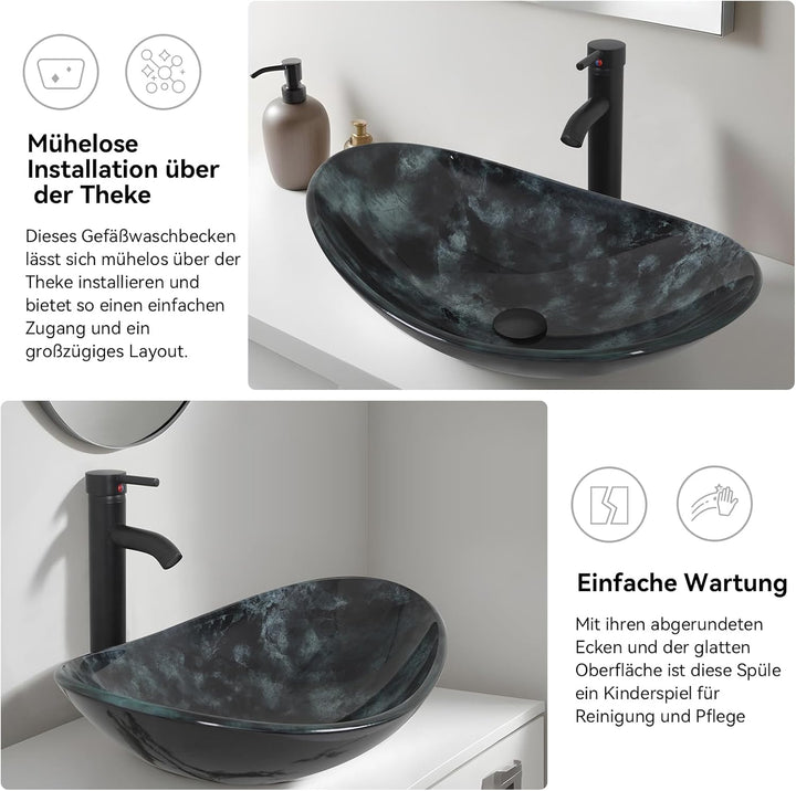 YU YUSING Waschbecken Glas Aufsatzwaschbecken Oval mit Wasserhahn Set, Waschtisch für Badezimmer Küc