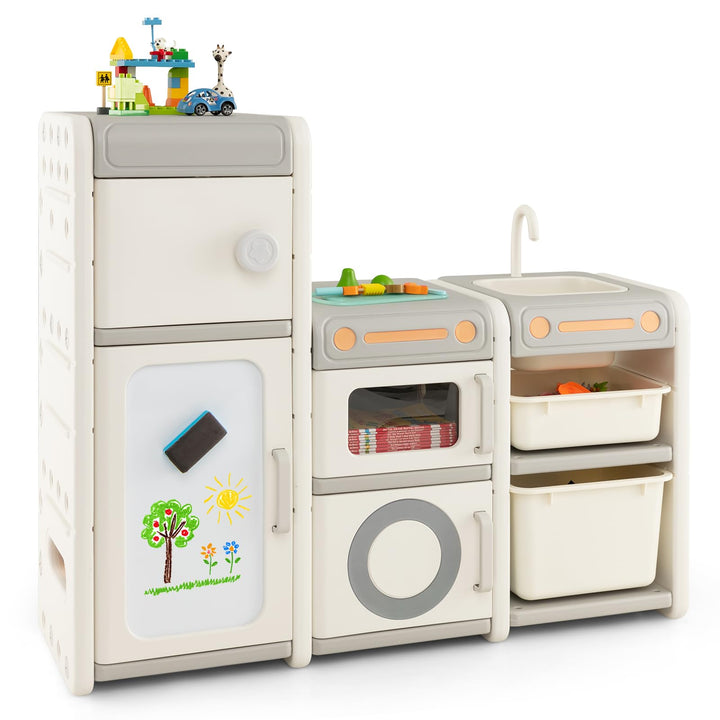 COSTWAY Kinderregal mit Boxen, Kinderzimmer Regal mit 4 Schränken Spül Wasserhahn Whiteboard Markern