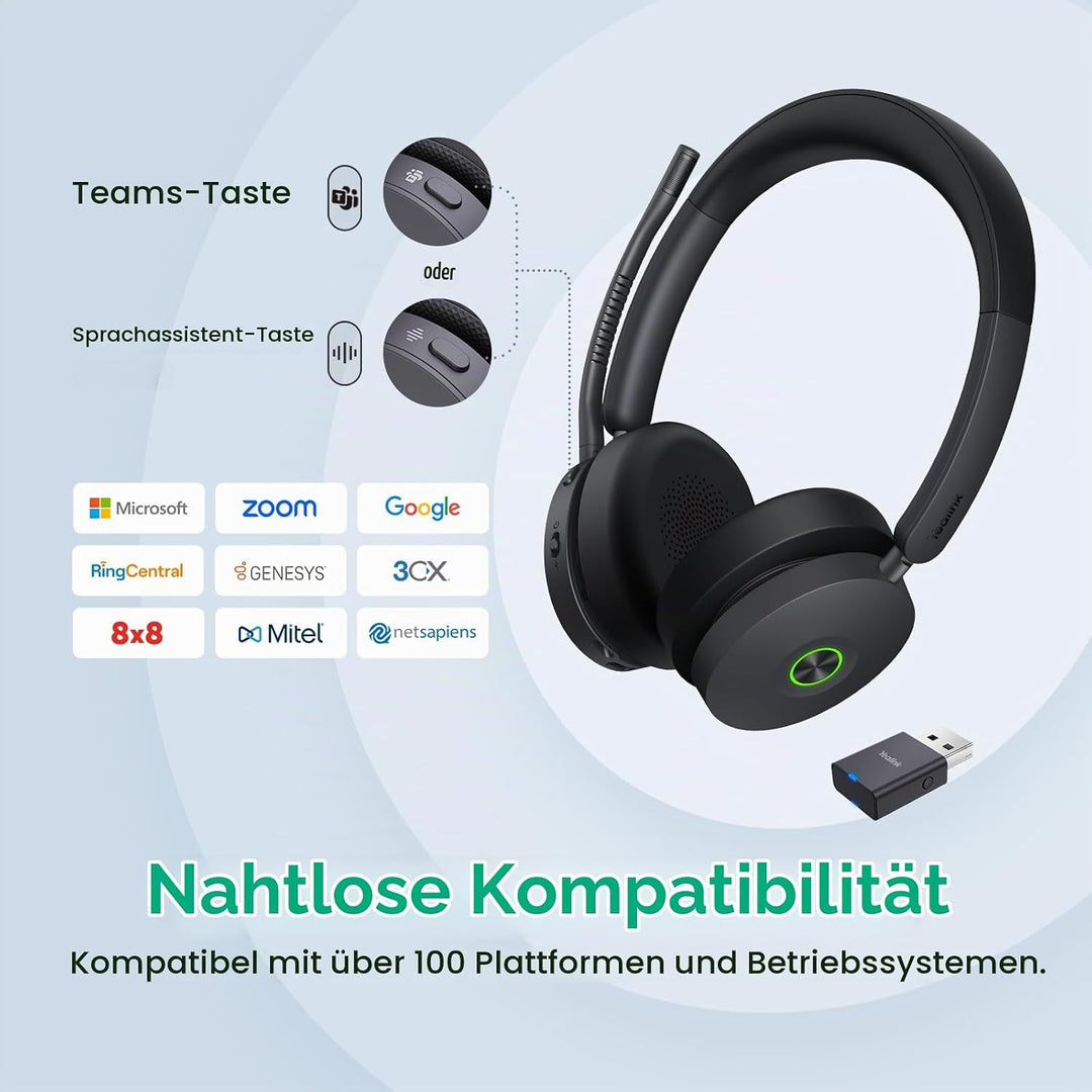 Yealink WH68 Hybrid ANC DECT &amp; Bluetooth Kabelloses Headset mit Mikrofon, Büro-Headset mit DECT-Dong
