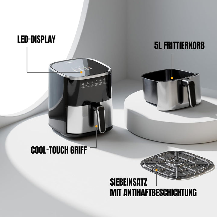 HEINRICHS Heissluftfritteuse, 5 Liter XL Air Fryer, 12in1 Heissluftfritteuse, LED-Display mit Sensor