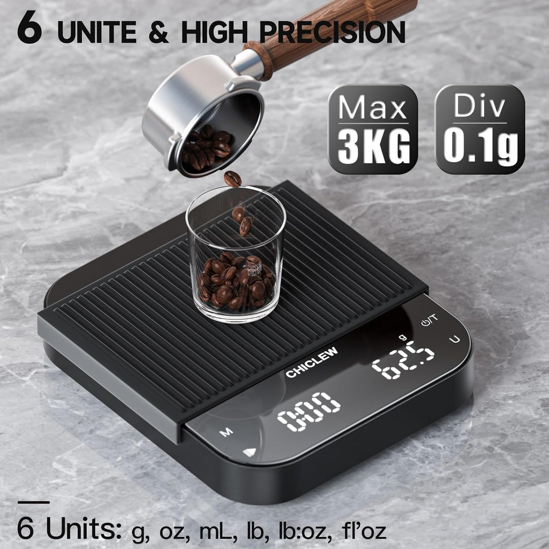 Wiederaufladbare Kaffeewaage mit Timer, 3 kg/0,1g Espresso Waage für Pour-Over Kaffee, 3 Modi & 6 Ei