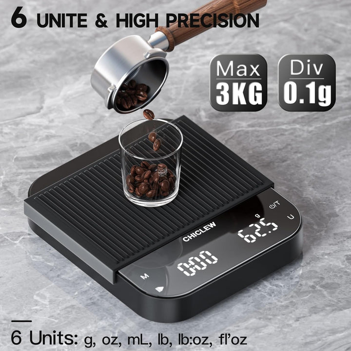 Wiederaufladbare Kaffeewaage mit Timer, 3 kg/0,1g Espresso Waage für Pour-Over Kaffee, 3 Modi & 6 Ei