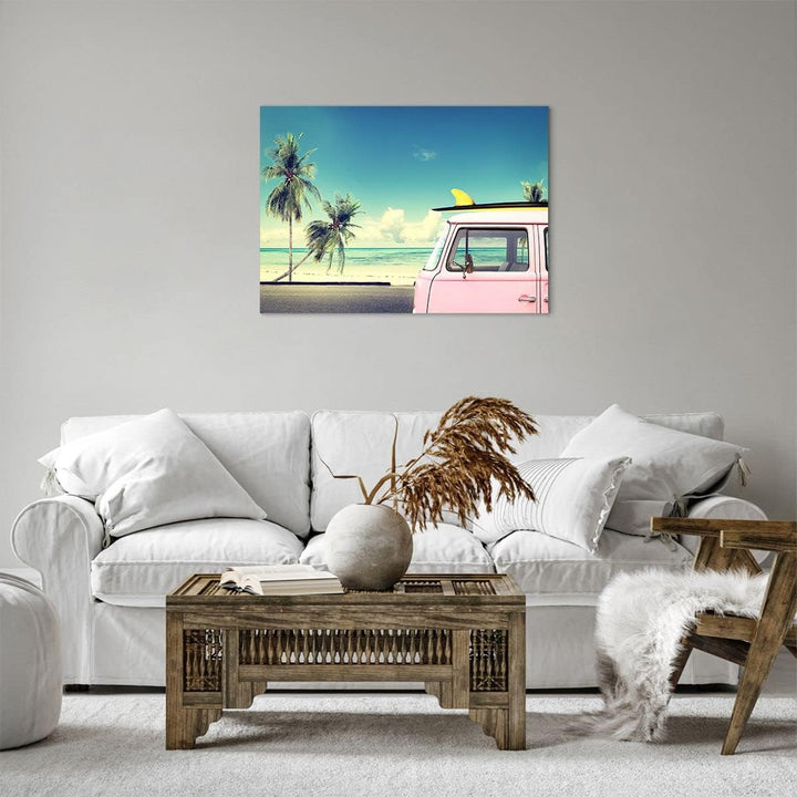 Bilder auf Leinwand Auto Surfbrett Strand Ozean Leinwandbild 70x50cm Wandbilder Dekoration Wohnzimme