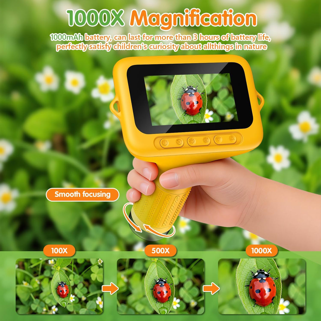 Mikroskop für Kinder, 1080P HD 3.0" IPS Bildschirm Taschenmikroskop, mit 8 LED Licht, 1000X Vergröss