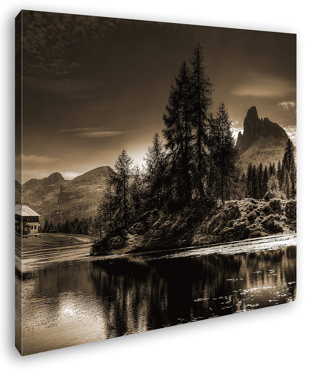 Holzhütte in den Bergen Format: 70x70 Effekt: Sepia als Leinwandbild, Motiv fertig gerahmt auf Echth