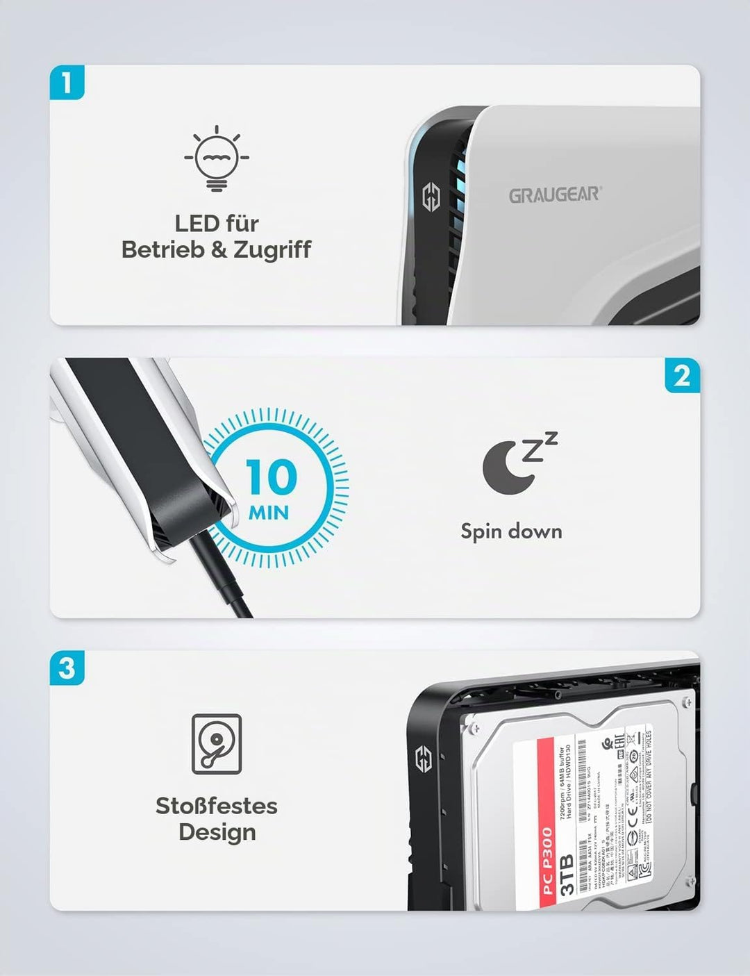 GRAUGEAR | Das Festplattengehäuse | für 3,5 oder 2,5 Zoll SATA Laufwerke | USB3.2 USB-C Anschluss |