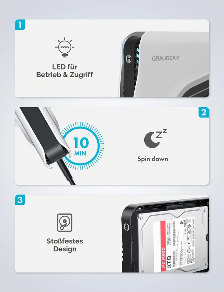 GRAUGEAR | Das Festplattengehäuse | für 3,5 oder 2,5 Zoll SATA Laufwerke | USB3.2 USB-C Anschluss |