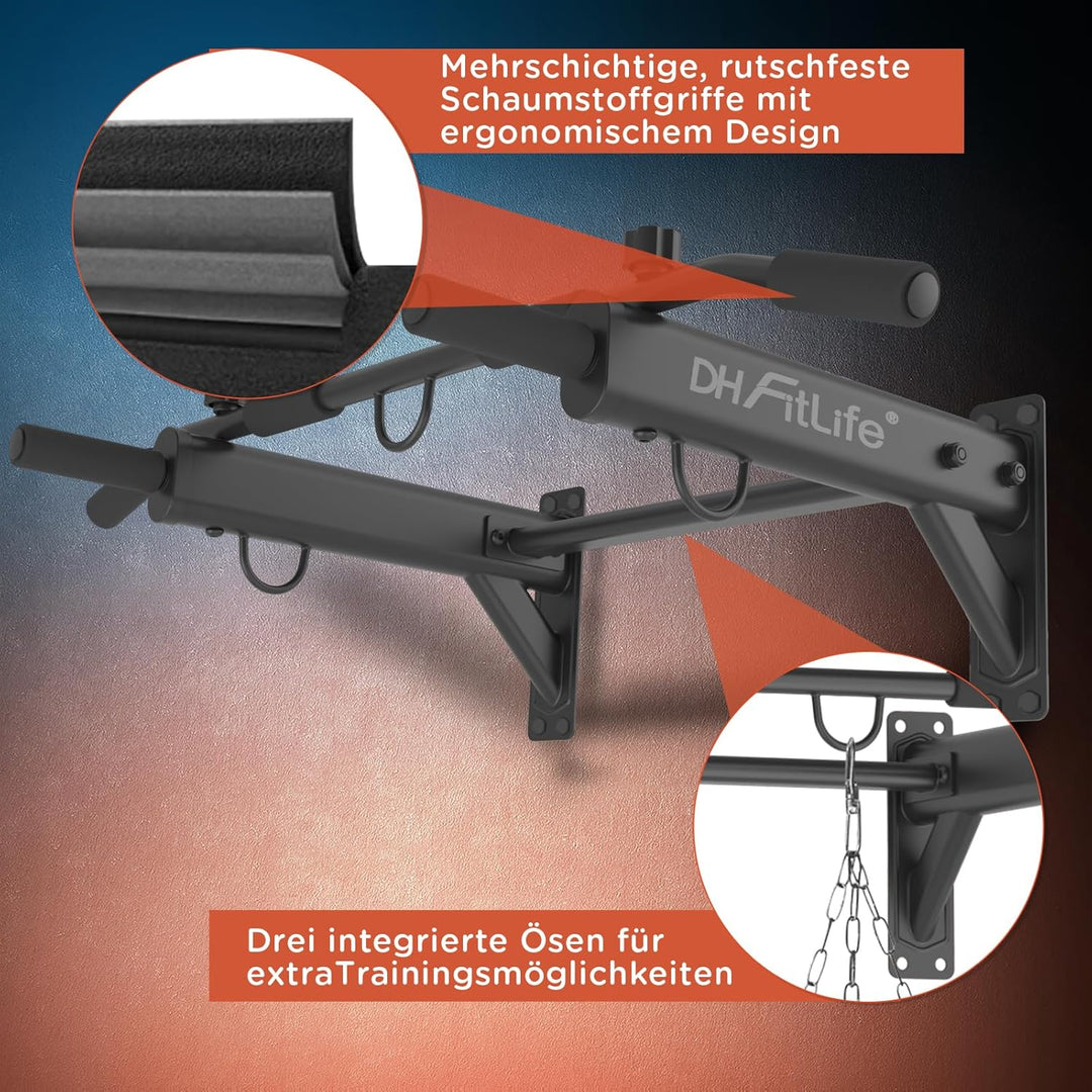 DH FitLife 4in1 Klimmzugstange Wand zur Wandmontage mit Spreizdübel, Multifunktionale Pull-Up Bar fü