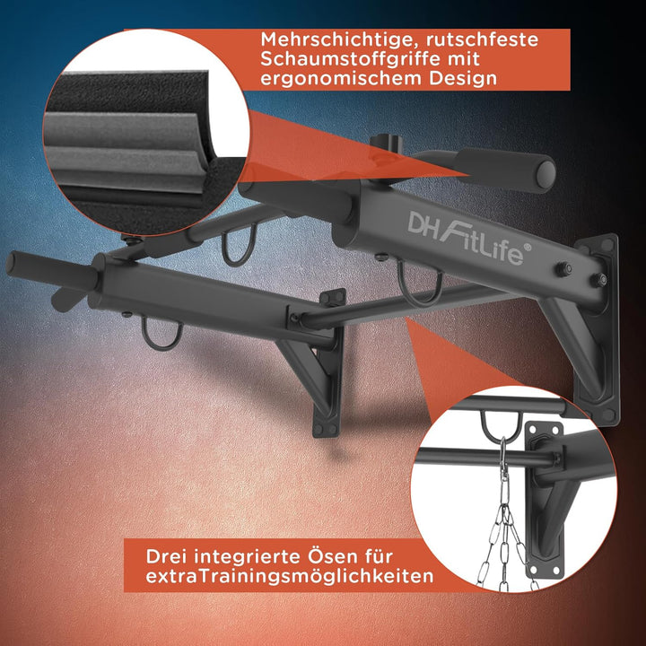 DH FitLife 4in1 Klimmzugstange Wand zur Wandmontage mit Spreizdübel, Multifunktionale Pull-Up Bar fü