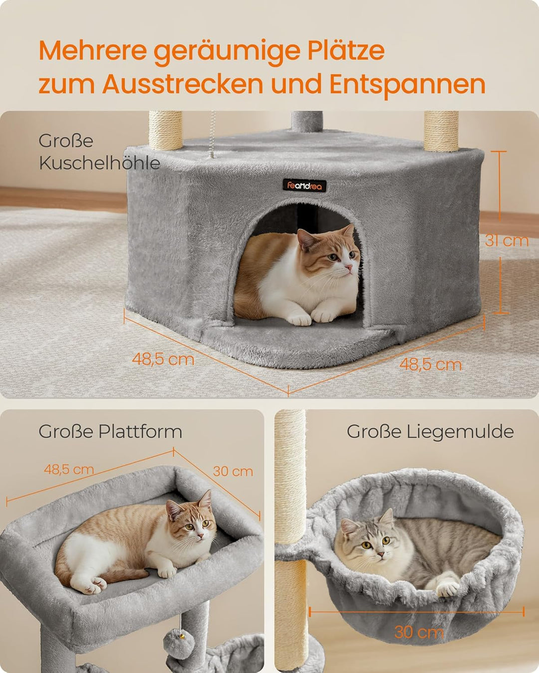 Feandrea Kratzbaum, Katzenbaum, 48,5 x 48,5 x 140,7 cm, Katzenkratzbaum mit grosser Kuschelhöhle, gr