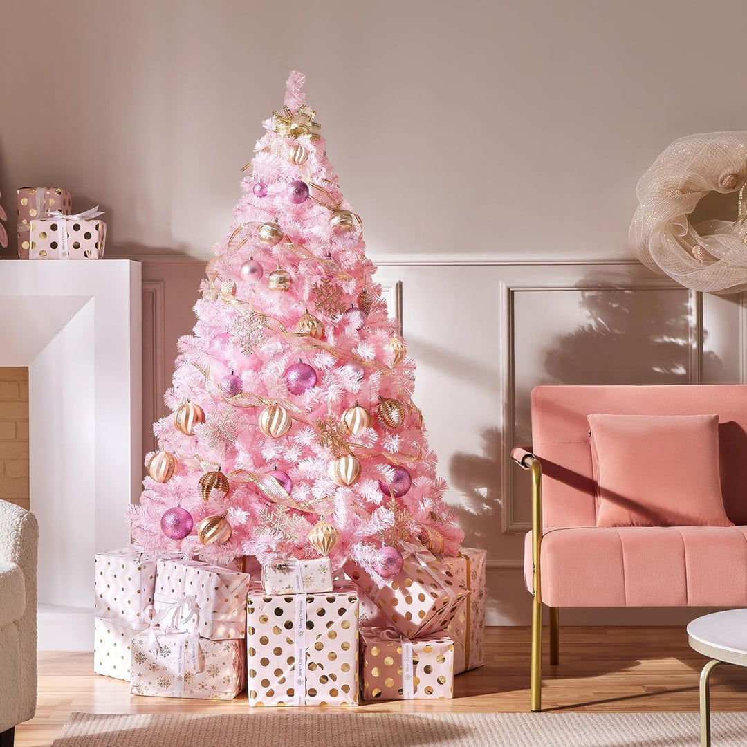 Yaheetech 183 cm Künstlicher Weihnachtsbaum Rosa, Tannenbaum mit 598 Spitzen & Faltbarem Metallständ