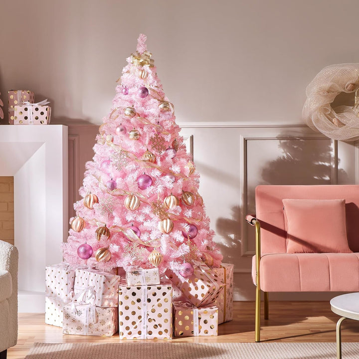 Yaheetech 183 cm Künstlicher Weihnachtsbaum Rosa, Tannenbaum mit 598 Spitzen & Faltbarem Metallständ