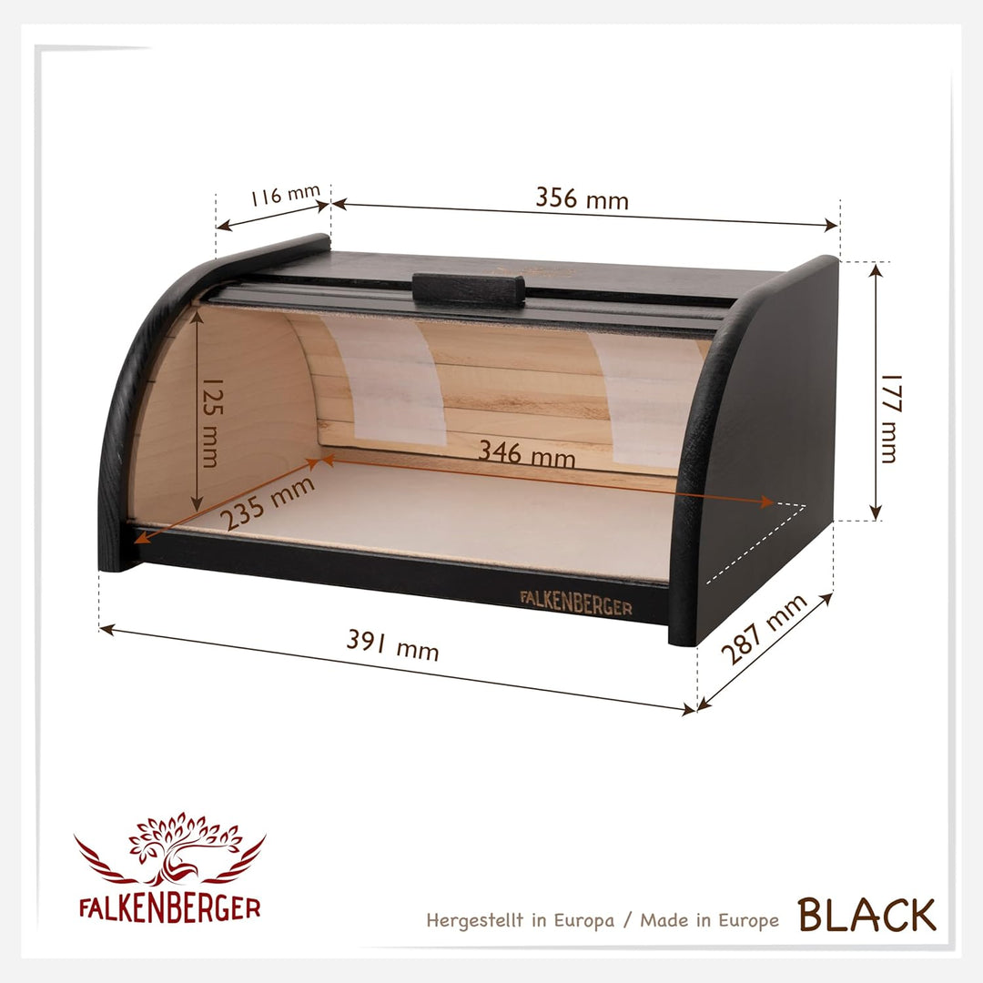 Brotkasten aus Holz Schwarz ca. 39x29x18cm Rollbrotkasten traditionell Brotbox mit Roll-Deckel Handm