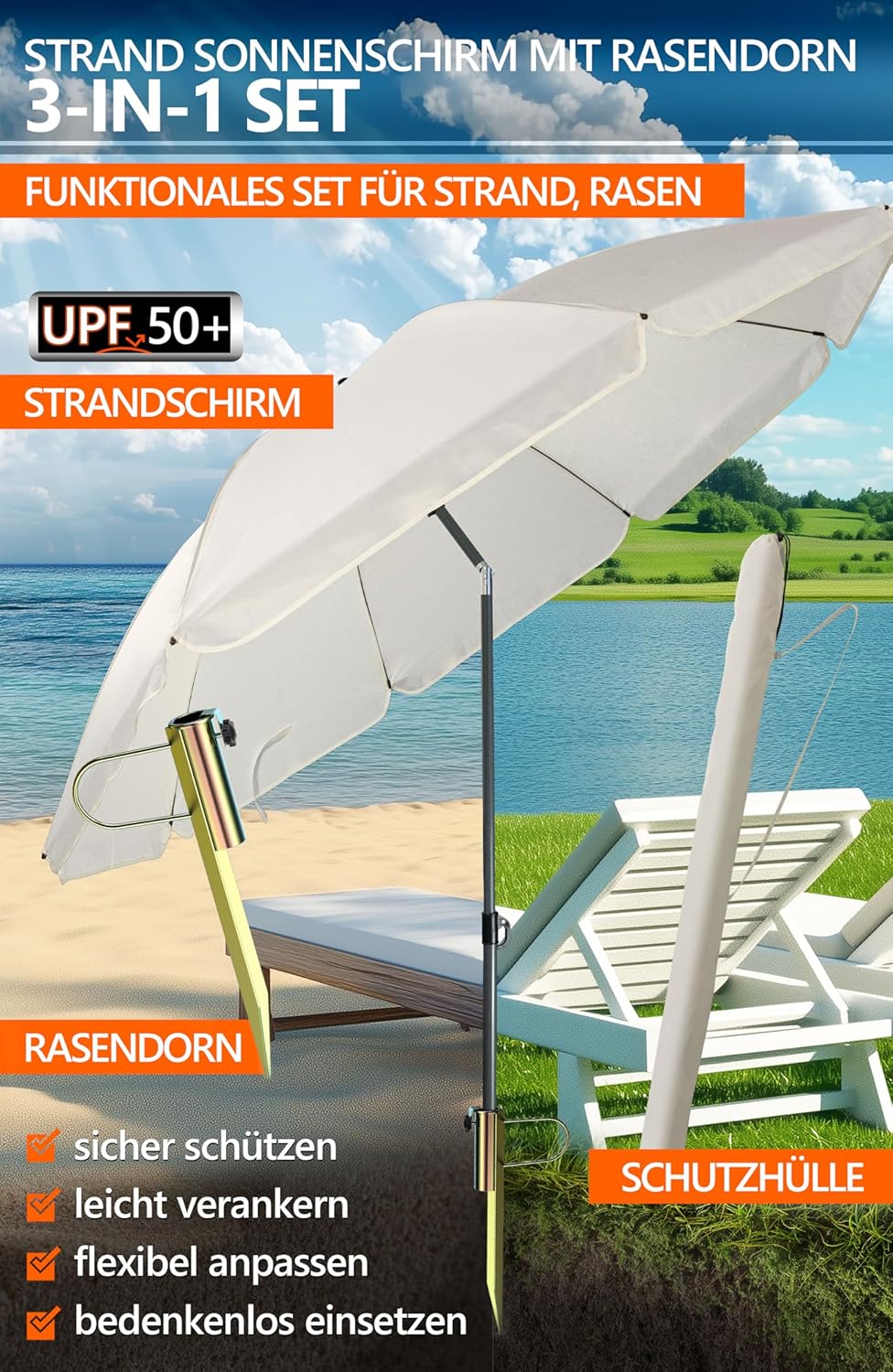 4smile Sonnenschirm Strand SunnyJoy, Beige – 3er Set inkl. Strandschirm windfest stabil, Rasendorn S