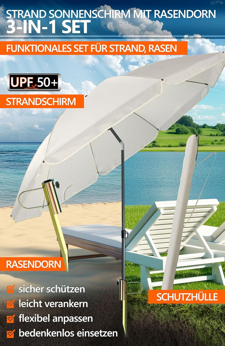 4smile Sonnenschirm Strand SunnyJoy, Beige – 3er Set inkl. Strandschirm windfest stabil, Rasendorn S